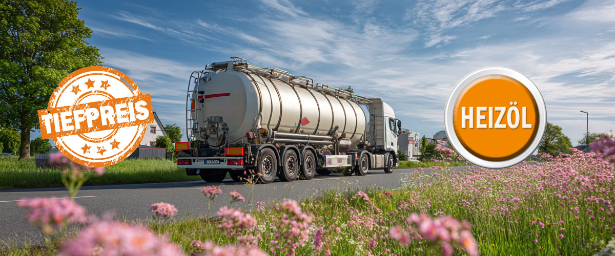 Heizöl Tankwagen unterwegs und Logo Tiefpreis für Heizöl-Lieferung